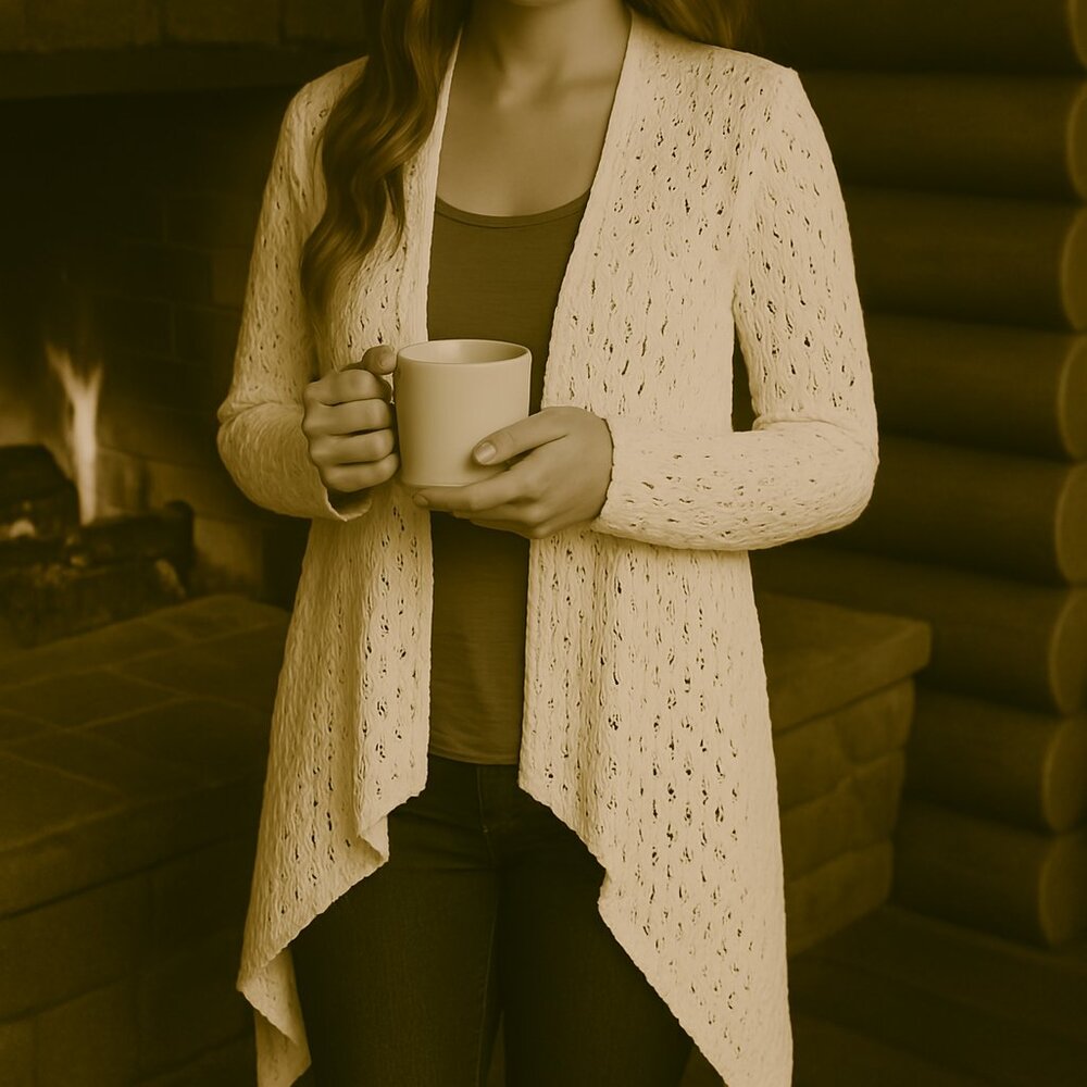 California Moonrise White Crocheted Waterfall Cardigan Boho Layering Piece Sz M